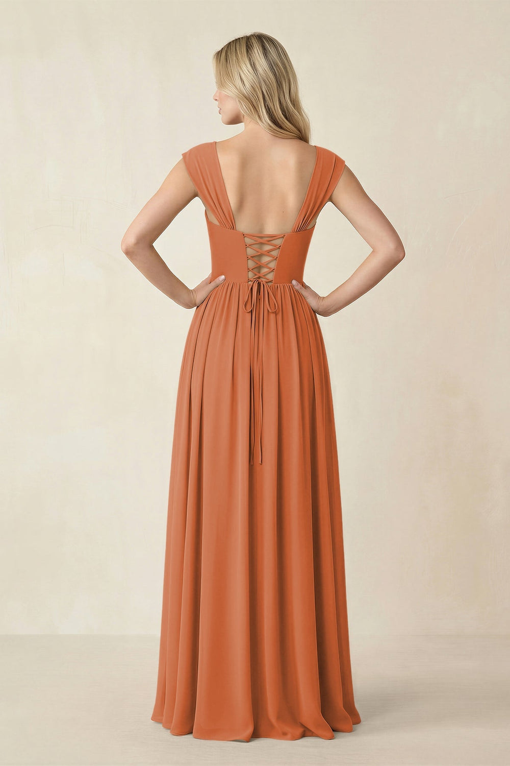 Cap Sleeve Corset A - Line Chiffon Bridesmaid Dress in Terracotta - KISS BRIDAL Bridesmaid Dresses