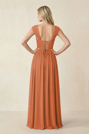Cap Sleeve Corset A - Line Chiffon Bridesmaid Dress in Terracotta - SHE IS ME Bridesmaid Dresses