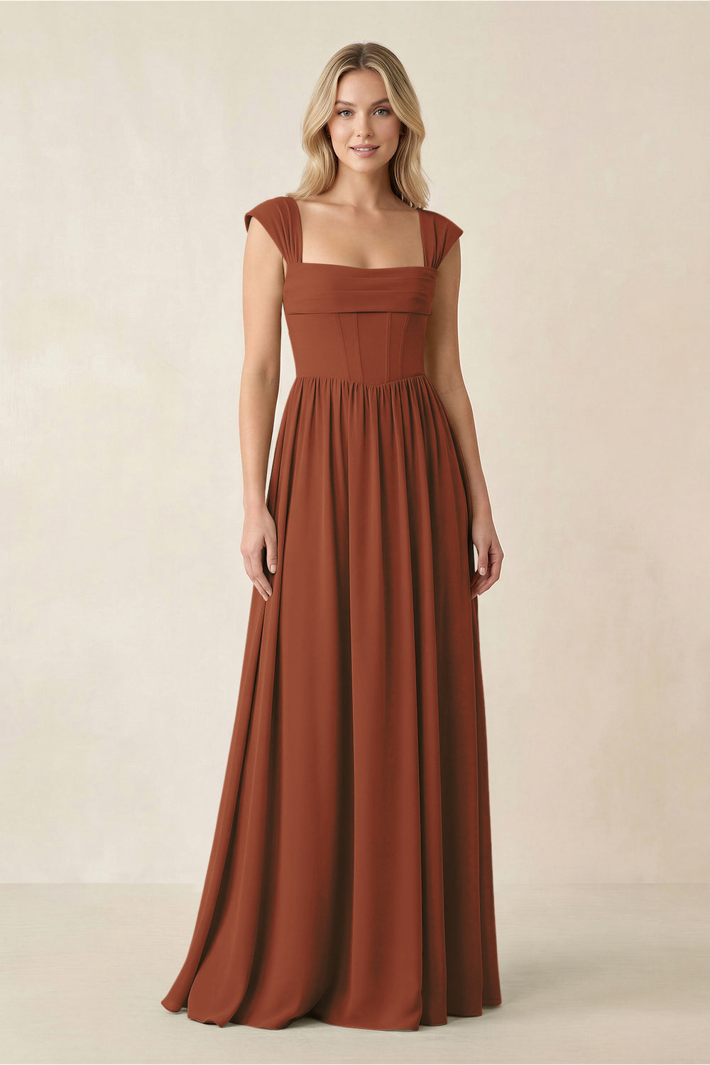 Cap Sleeve Corset A-Line Chiffon Bridesmaid Dress in Terracotta