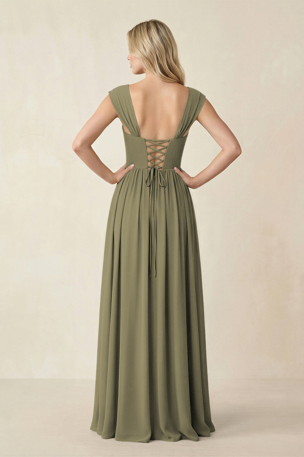 Cap Sleeve Corset A-Line Chiffon Bridesmaid Dress in Thyme