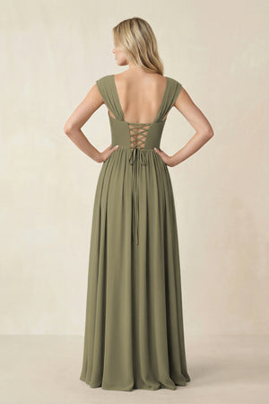 Cap Sleeve Corset A-Line Chiffon Bridesmaid Dress in Thyme (2) | KISSBRIDAL