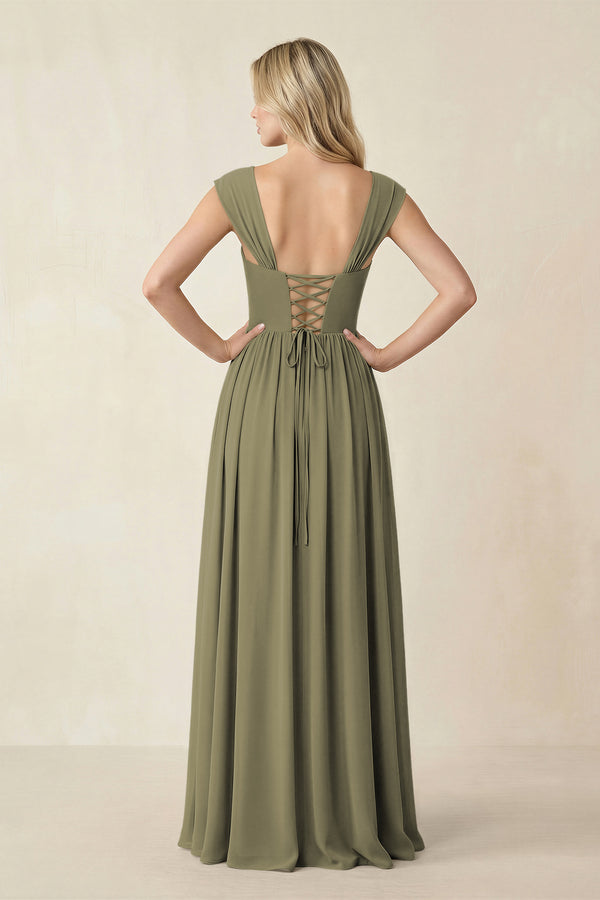 Cap Sleeve Corset A-Line Chiffon Bridesmaid Dress in Thyme (2) | KISSBRIDAL