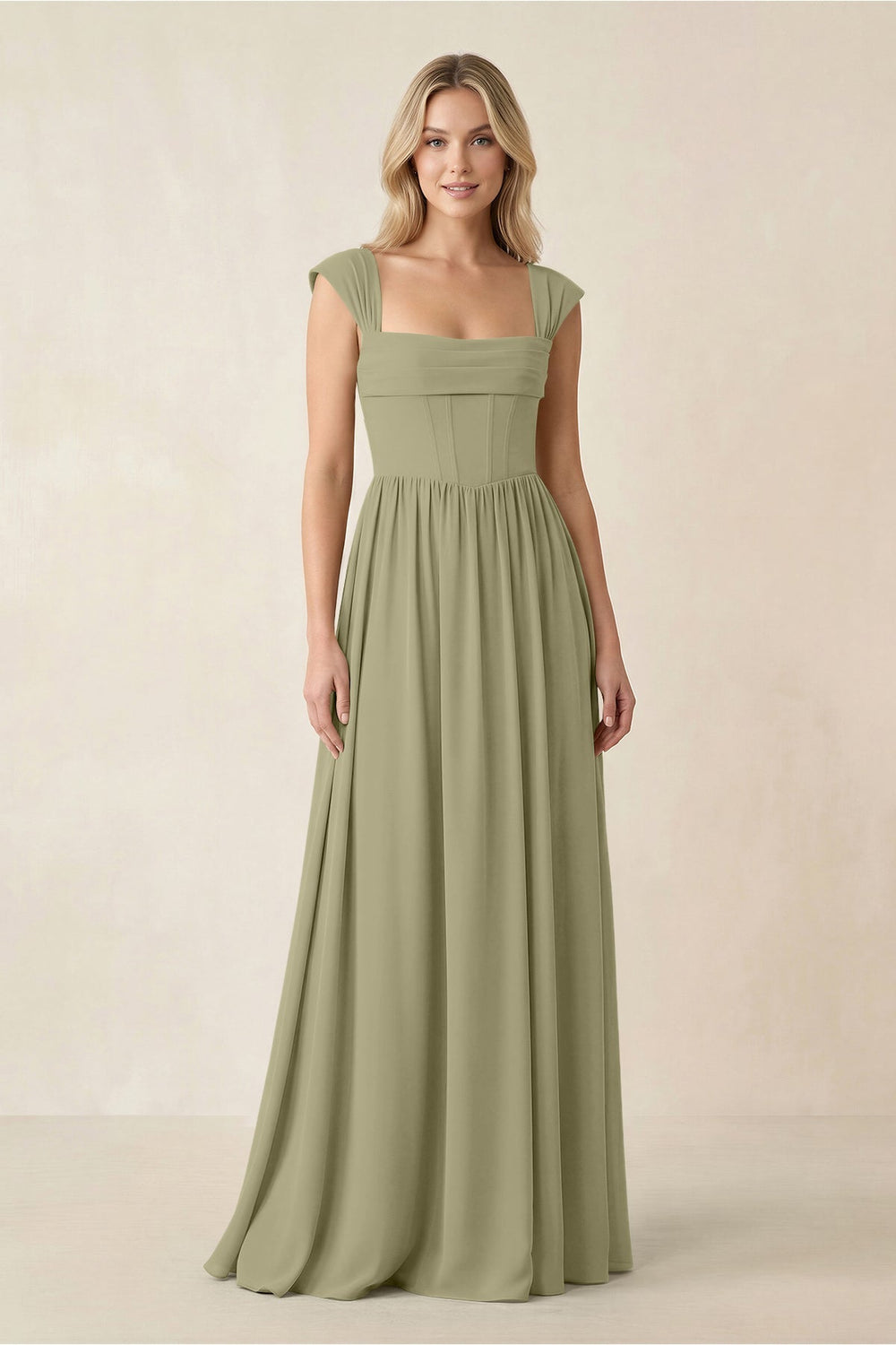 Cap Sleeve Corset A - Line Chiffon Bridesmaid Dress in Thyme - KISS BRIDAL Bridesmaid Dresses