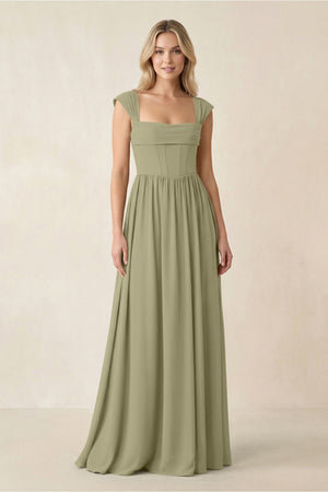 Cap Sleeve Corset A - Line Chiffon Bridesmaid Dress in Thyme - SHE IS ME Bridesmaid Dresses