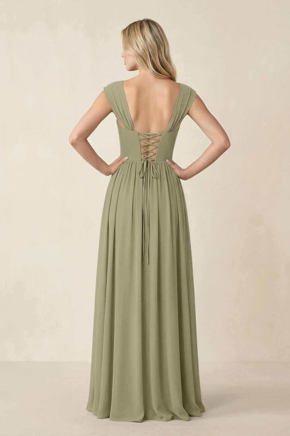 Cap Sleeve Corset A - Line Chiffon Bridesmaid Dress in Thyme - KISS BRIDAL Bridesmaid Dresses