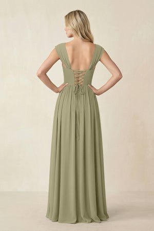 Cap Sleeve Corset A - Line Chiffon Bridesmaid Dress in Thyme - SHE IS ME Bridesmaid Dresses