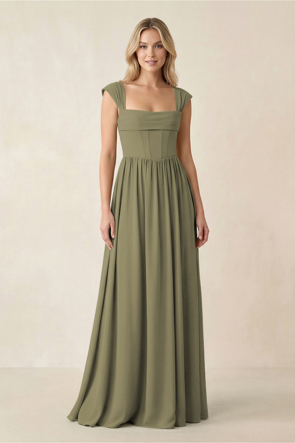 Cap Sleeve Corset A-Line Chiffon Bridesmaid Dress in Thyme