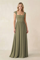 Cap Sleeve Corset A-Line Chiffon Bridesmaid Dress in Thyme | KISSBRIDAL