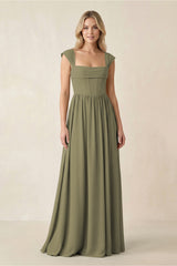 Cap Sleeve Corset A-Line Chiffon Bridesmaid Dress in Thyme | KISSBRIDAL
