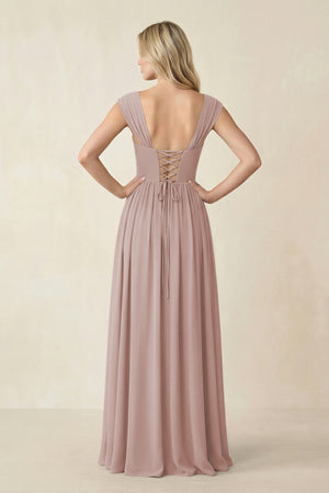 Cap Sleeve Corset A-Line Chiffon Bridesmaid Dress in Toffee (2) | KISSBRIDAL
