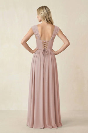 Cap Sleeve Corset A - Line Chiffon Bridesmaid Dress in Toffee - SHE IS ME Bridesmaid Dresses