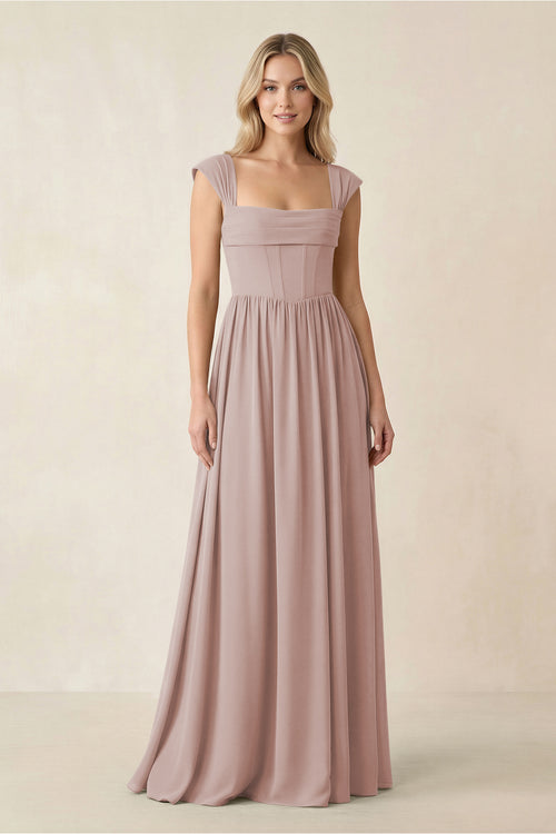 Cap Sleeve Corset A-Line Chiffon Bridesmaid Dress in Toffee | KISSBRIDAL