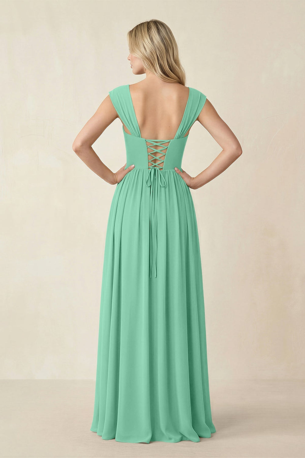 Cap Sleeve Corset A - Line Chiffon Bridesmaid Dress in Turquoise - KISS BRIDAL Bridesmaid Dresses