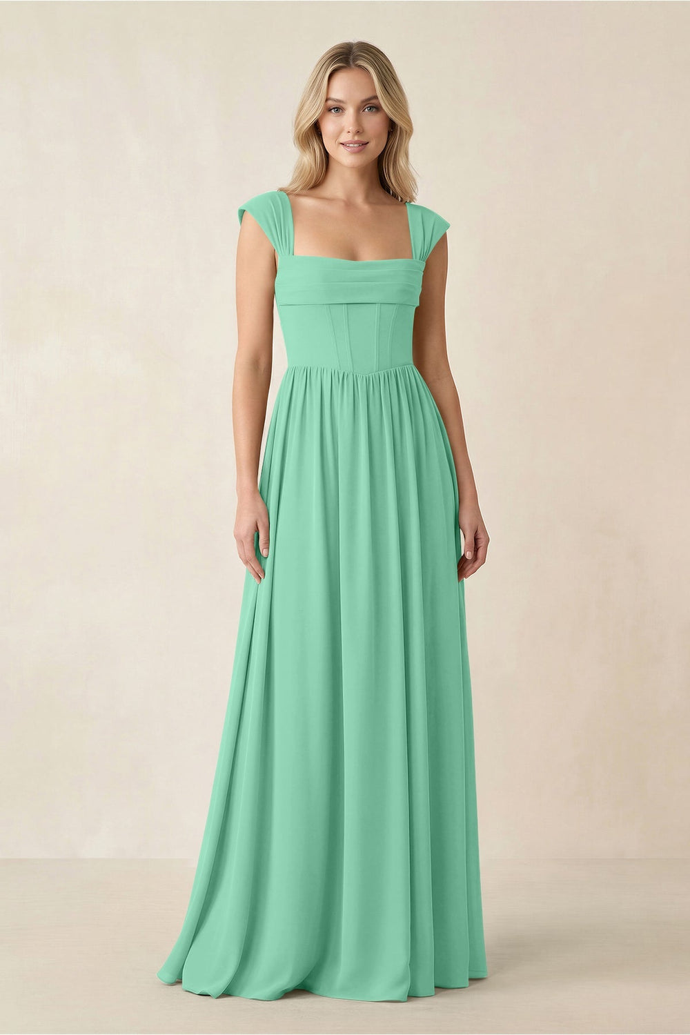 Cap Sleeve Corset A - Line Chiffon Bridesmaid Dress in Turquoise - KISS BRIDAL Bridesmaid Dresses