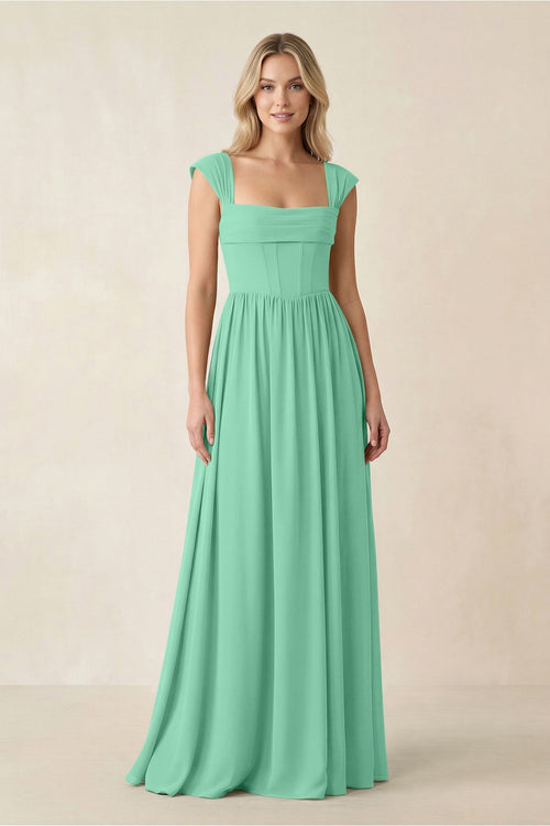Cap Sleeve Corset A - Line Chiffon Bridesmaid Dress in Turquoise - SHE IS ME Bridesmaid Dresses