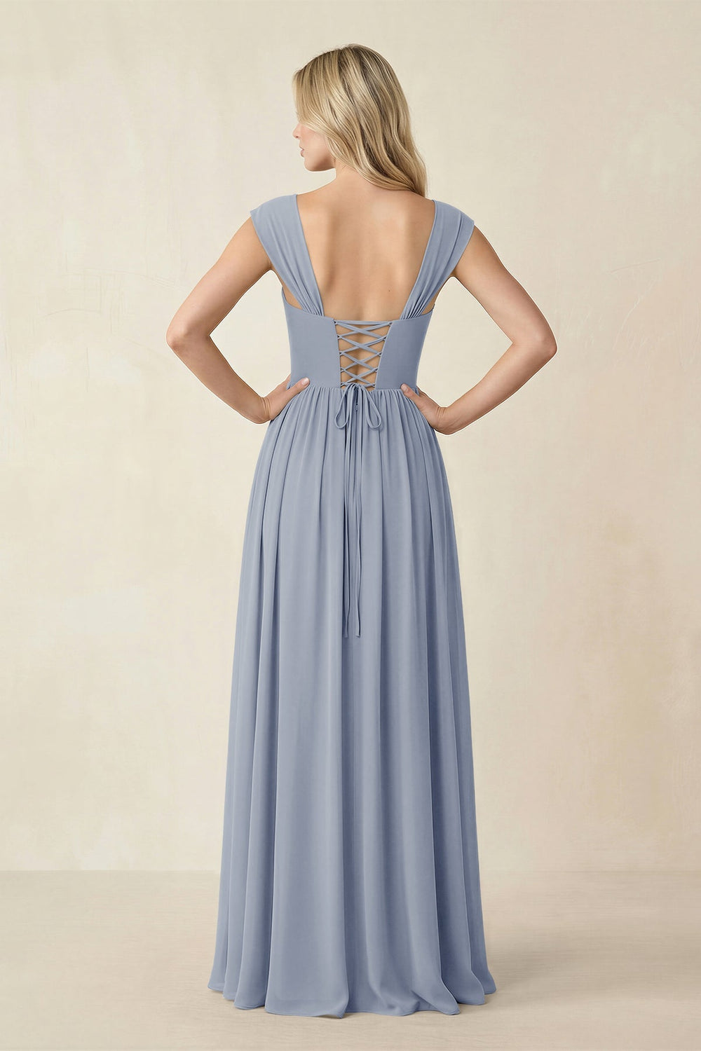 Cap Sleeve Corset A - Line Chiffon Bridesmaid Dress in Twilight - KISS BRIDAL Bridesmaid Dresses