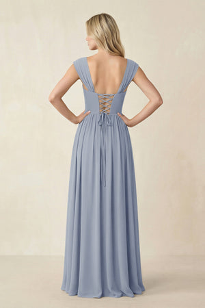 Cap Sleeve Corset A - Line Chiffon Bridesmaid Dress in Twilight - SHE IS ME Bridesmaid Dresses