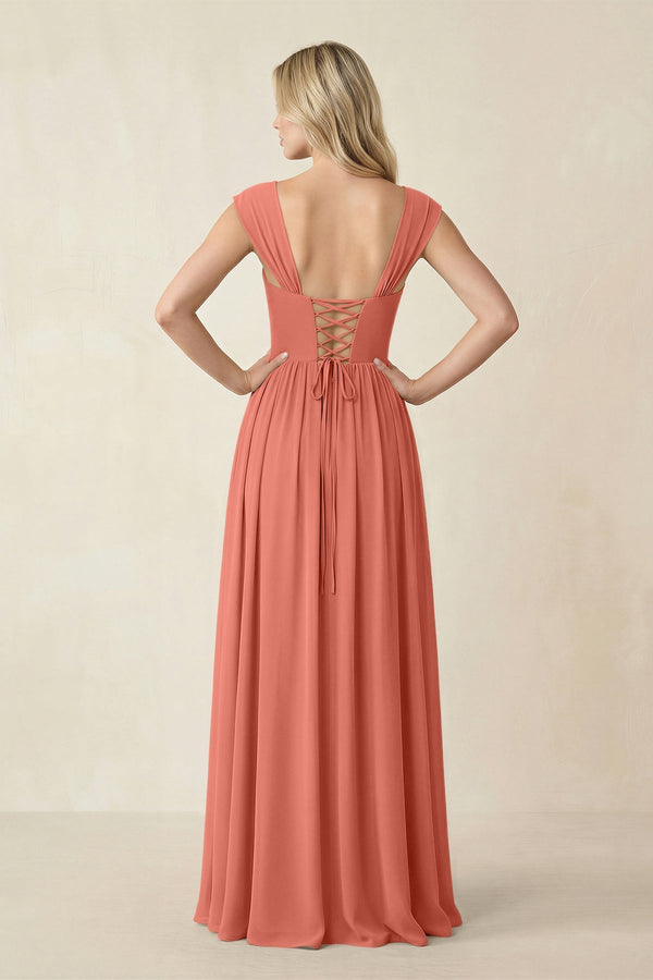 Cap Sleeve Corset A - Line Chiffon Bridesmaid Dress in Wild Rose - SHE IS ME Bridesmaid Dresses