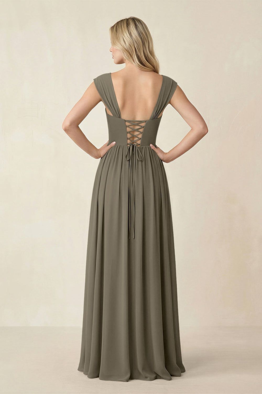 Cap Sleeve Corset A - Line Chiffon Bridesmaid Dress in Willow Green - KISS BRIDAL Bridesmaid Dresses