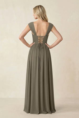Cap Sleeve Corset A - Line Chiffon Bridesmaid Dress in Willow Green - SHE IS ME Bridesmaid Dresses