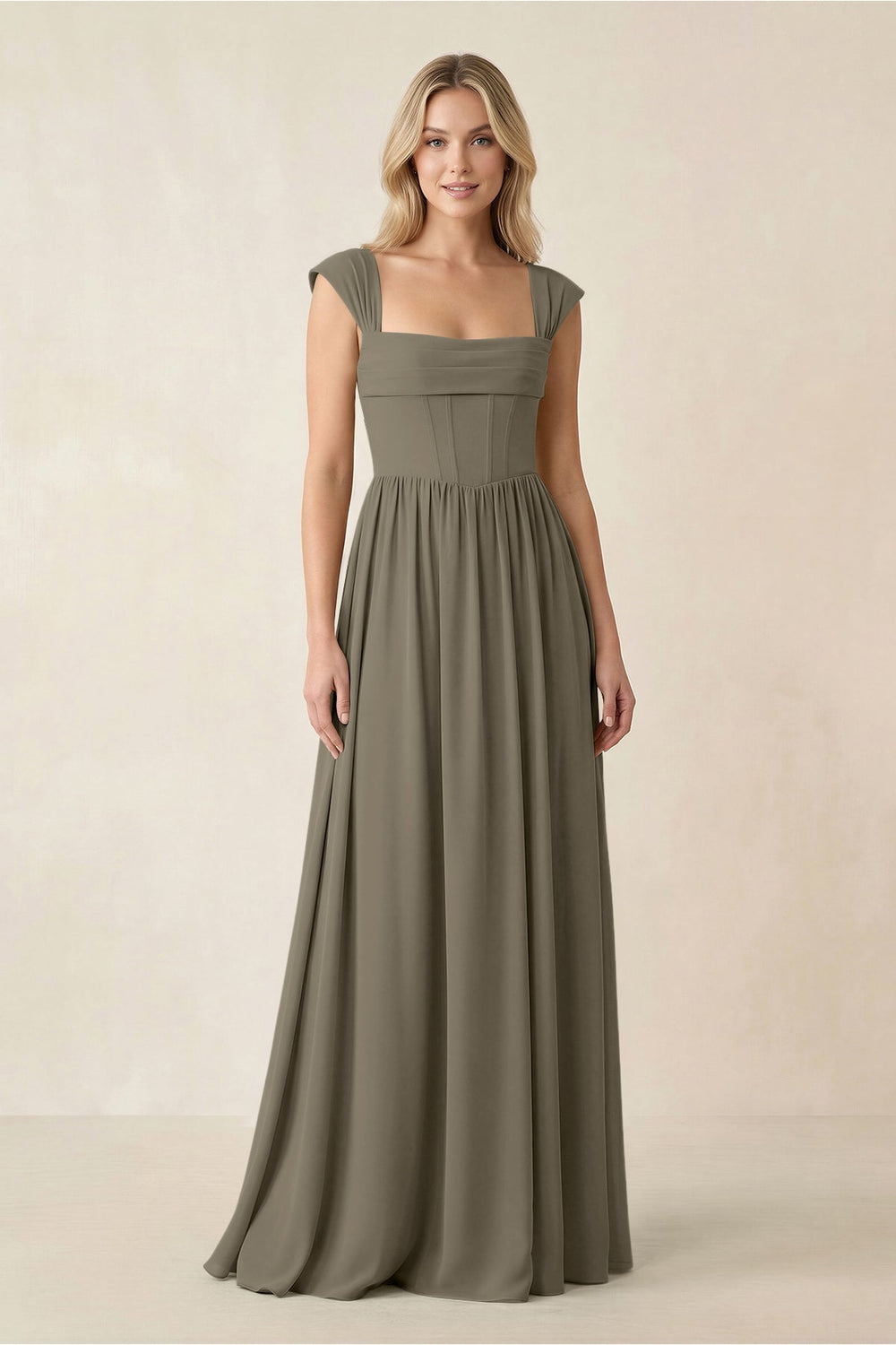 Cap Sleeve Corset A - Line Chiffon Bridesmaid Dress in Willow Green - KISS BRIDAL Bridesmaid Dresses