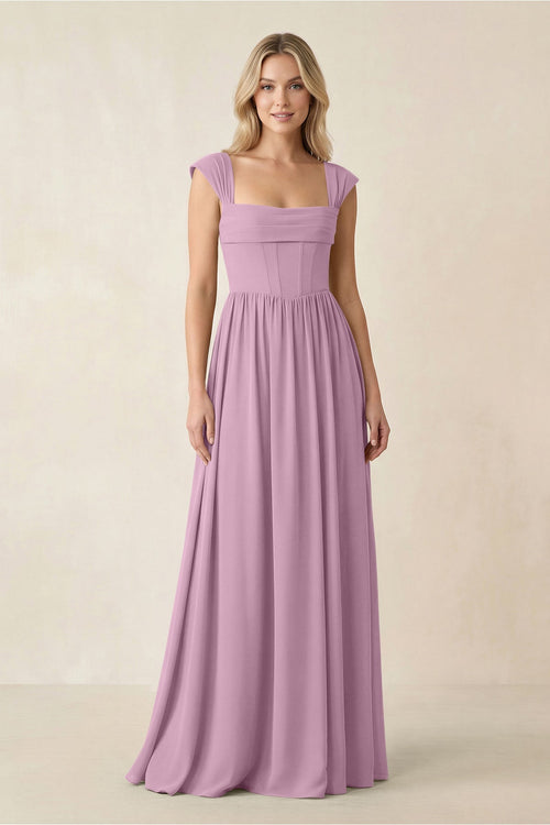 Cap Sleeve Corset A - Line Chiffon Bridesmaid Dress in Wisteria - SHE IS ME Bridesmaid Dresses