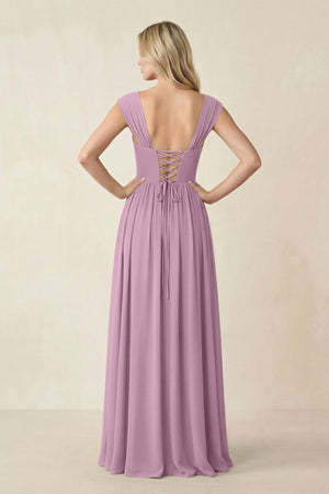 Cap Sleeve Corset A - Line Chiffon Bridesmaid Dress in Wisteria - SHE IS ME Bridesmaid Dresses