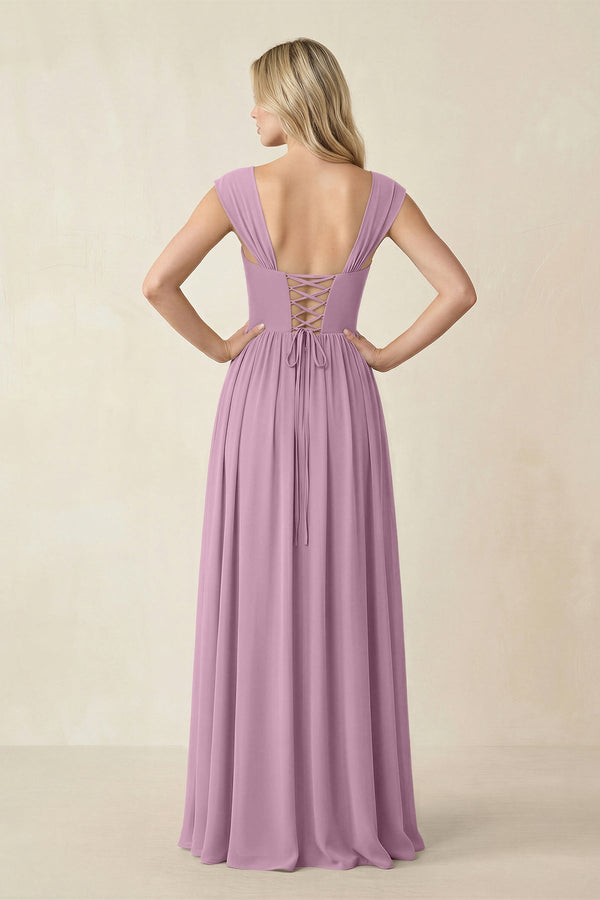 Cap Sleeve Corset A - Line Chiffon Bridesmaid Dress in Wisteria - SHE IS ME Bridesmaid Dresses