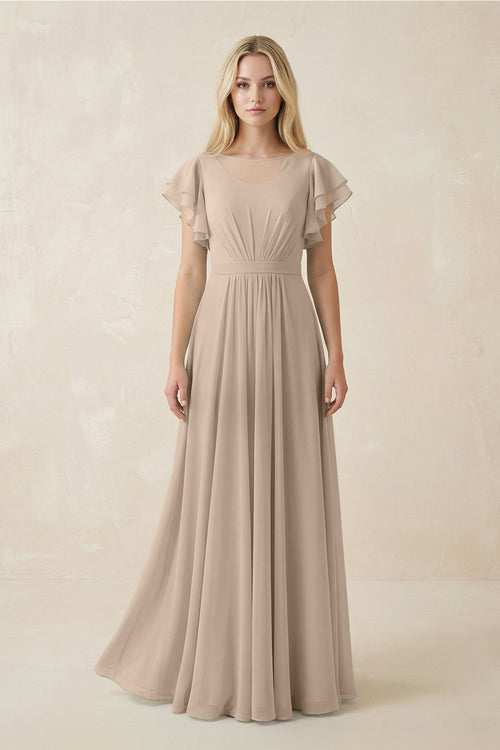 Cap Sleeve Ruffled A - Line Chiffon Bridesmaid Dress in Almond - KISS BRIDAL Bridesmaid Dresses