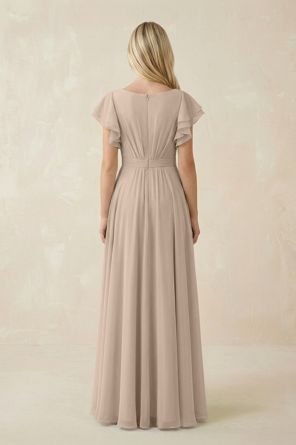 Cap Sleeve Ruffled A - Line Chiffon Bridesmaid Dress in Almond - KISS BRIDAL Bridesmaid Dresses
