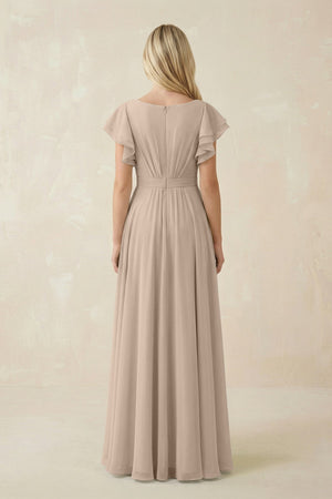 Cap Sleeve Ruffled A - Line Chiffon Bridesmaid Dress in Almond - KISS BRIDAL Bridesmaid Dresses