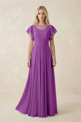 Cap Sleeve Ruffled A - Line Chiffon Bridesmaid Dress in Amethyst - KISS BRIDAL Bridesmaid Dresses