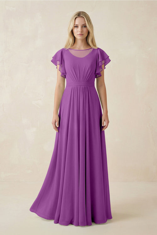 Cap Sleeve Ruffled A - Line Chiffon Bridesmaid Dress in Amethyst - SHE IS ME Bridesmaid Dresses