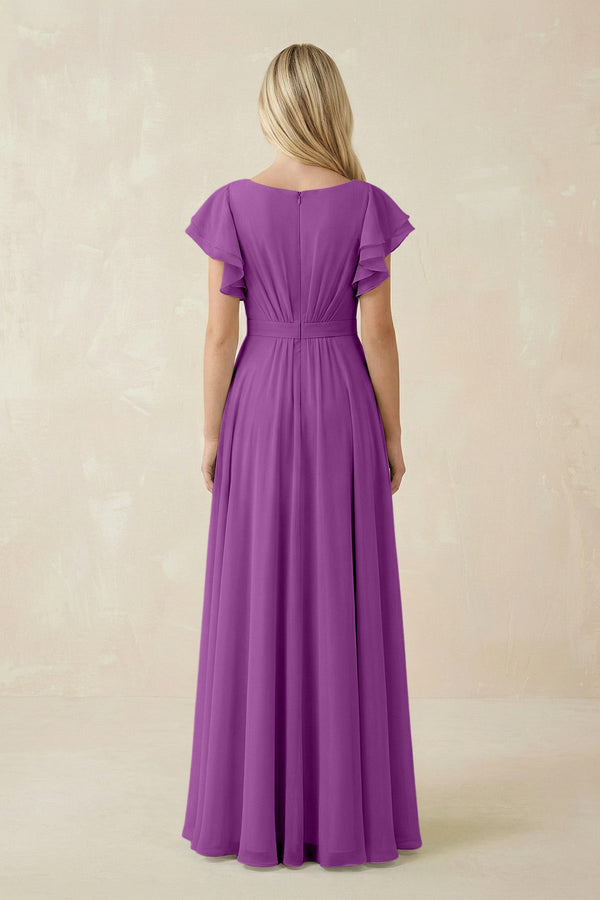 Cap Sleeve Ruffled A - Line Chiffon Bridesmaid Dress in Amethyst - SHE IS ME Bridesmaid Dresses