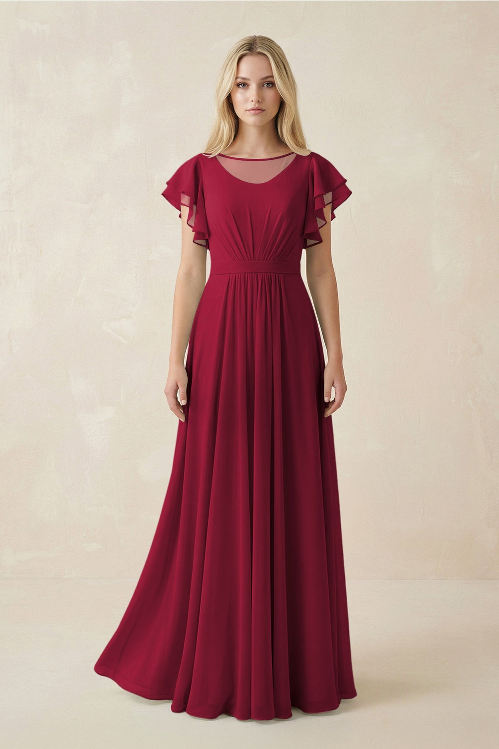 Cap Sleeve Ruffled A - Line Chiffon Bridesmaid Dress in Berry - KISS BRIDAL Bridesmaid Dresses