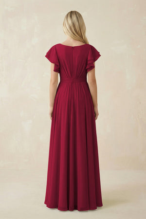 Cap Sleeve Ruffled A - Line Chiffon Bridesmaid Dress in Berry - KISS BRIDAL Bridesmaid Dresses
