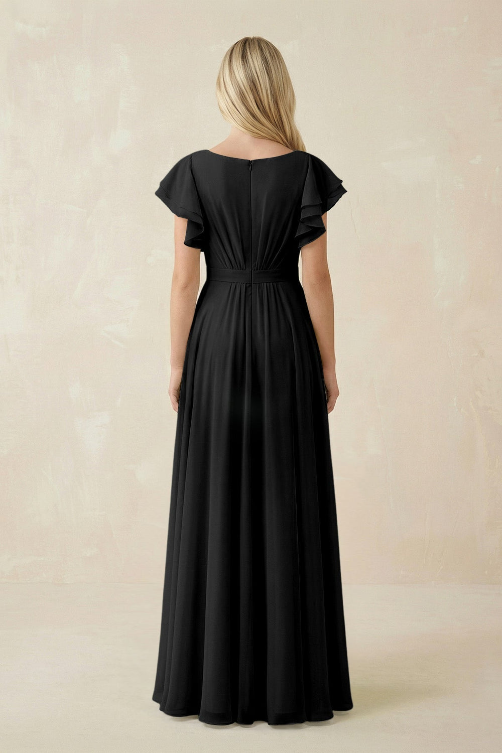 Cap Sleeve Ruffled A - Line Chiffon Bridesmaid Dress in Black - KISS BRIDAL Bridesmaid Dresses