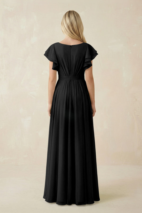 Cap Sleeve Ruffled A - Line Chiffon Bridesmaid Dress in Black - KISS BRIDAL Bridesmaid Dresses