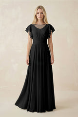 Cap Sleeve Ruffled A - Line Chiffon Bridesmaid Dress in Black - KISS BRIDAL Bridesmaid Dresses