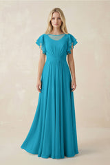 Cap Sleeve Ruffled A - Line Chiffon Bridesmaid Dress in Blue Jay - KISS BRIDAL Bridesmaid Dresses