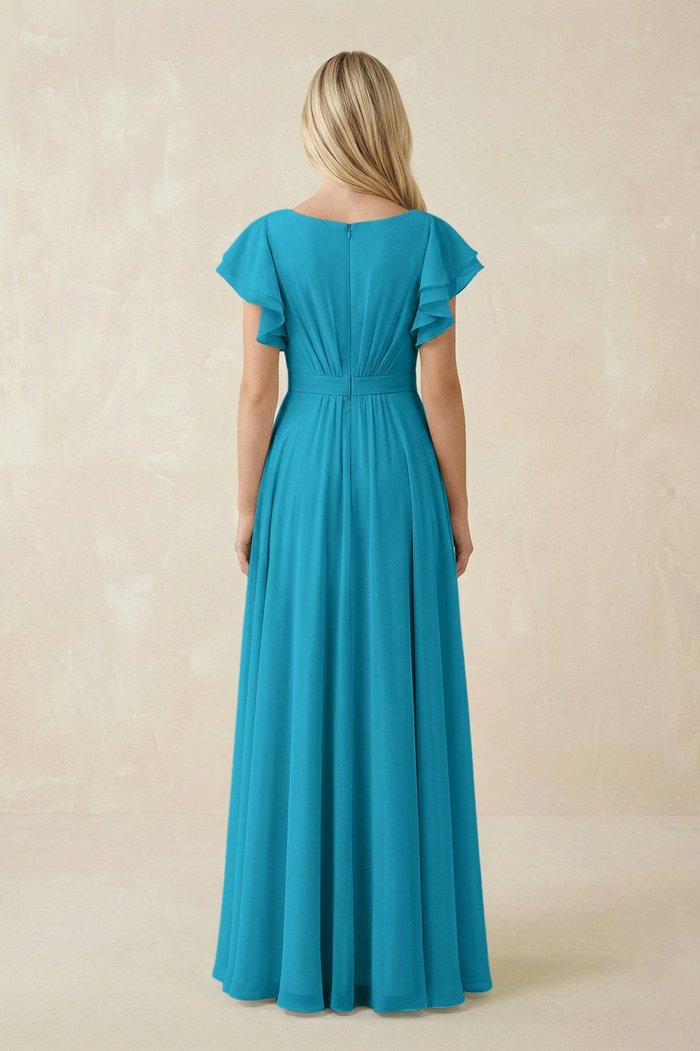 Cap Sleeve Ruffled A - Line Chiffon Bridesmaid Dress in Blue Jay - KISS BRIDAL Bridesmaid Dresses