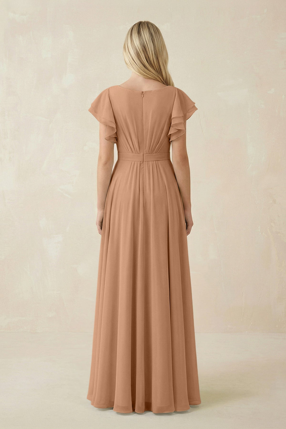 Cap Sleeve Ruffled A - Line Chiffon Bridesmaid Dress in Bronzer - KISS BRIDAL Bridesmaid Dresses
