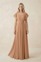 Cap Sleeve Ruffled A - Line Chiffon Bridesmaid Dress in Bronzer - KISS BRIDAL Bridesmaid Dresses