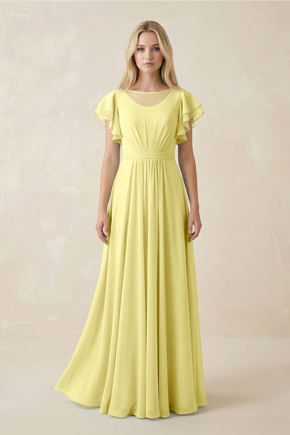 Cap Sleeve Ruffled A - Line Chiffon Bridesmaid Dress in Buttercup - KISS BRIDAL Bridesmaid Dresses