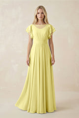 Cap Sleeve Ruffled A - Line Chiffon Bridesmaid Dress in Buttercup - KISS BRIDAL Bridesmaid Dresses
