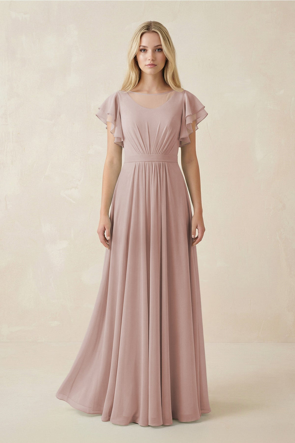 Cap Sleeve Ruffled A - Line Chiffon Bridesmaid Dress in c - KISS BRIDAL Bridesmaid Dresses
