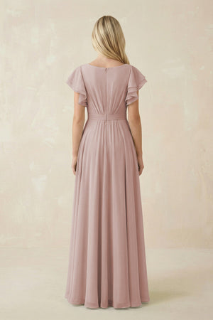 Cap Sleeve Ruffled A - Line Chiffon Bridesmaid Dress in c - KISS BRIDAL Bridesmaid Dresses