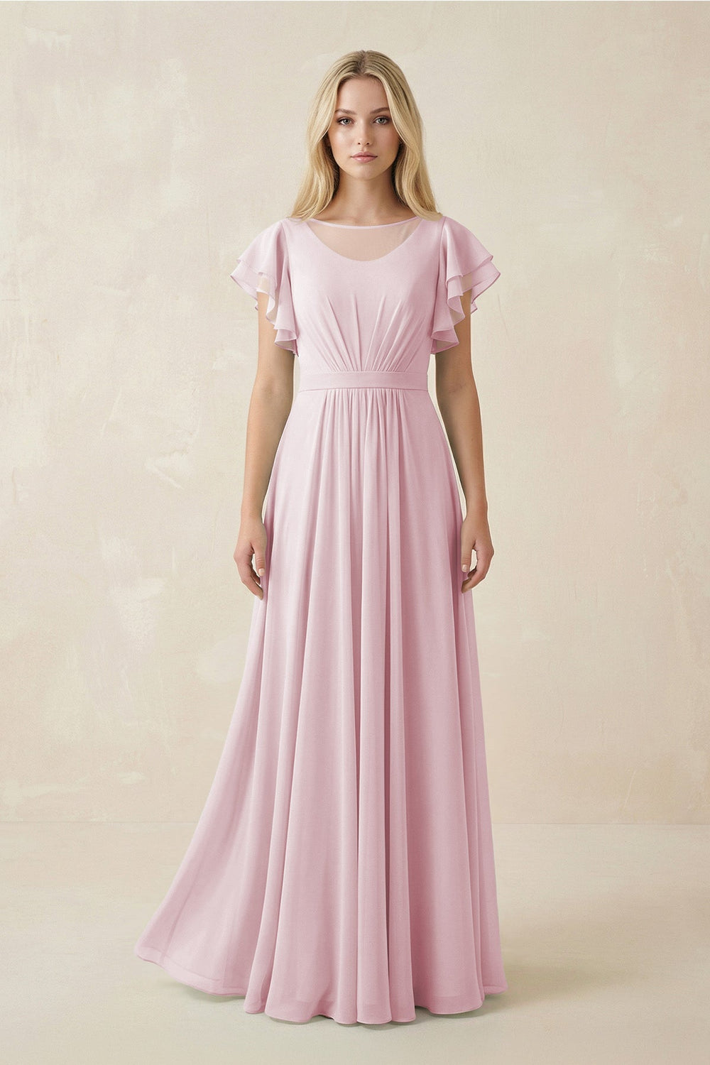Cap Sleeve Ruffled A - Line Chiffon Bridesmaid Dress in Candy Pink - SHE IS ME Bridesmaid Dresses
