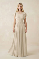 Cap Sleeve Ruffled A - Line Chiffon Bridesmaid Dress in Champagne - KISS BRIDAL Bridesmaid Dresses