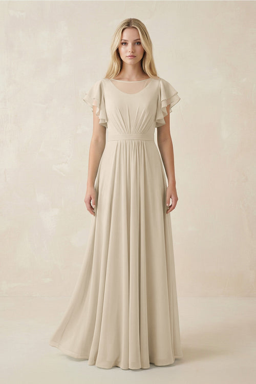 Cap Sleeve Ruffled A - Line Chiffon Bridesmaid Dress in Champagne - KISS BRIDAL Bridesmaid Dresses